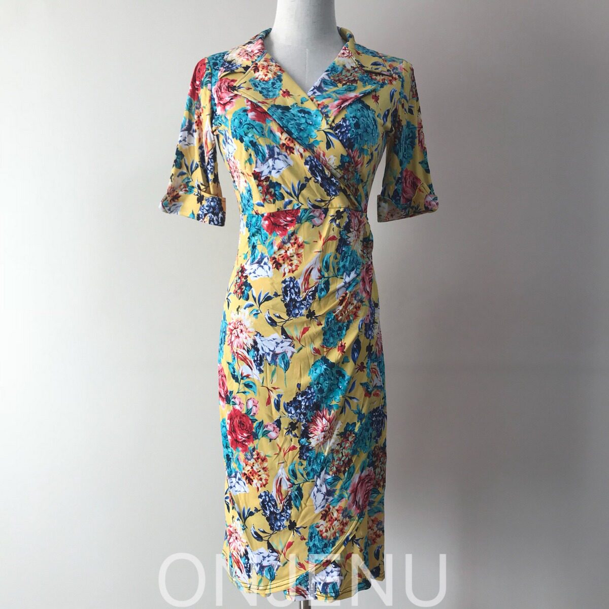 Bright Yellow Floral Lapel Net Red Dress 2020 Spring Summer British Small Skirt Slim Fit and Thin Office