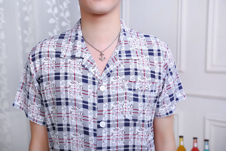 Summer mens mới bộ đồ ngủ bằng lụa nhân tạo bông cardigan ve áo nhỏ sinh viên đại học trẻ tuổi quần áo nhà Anh