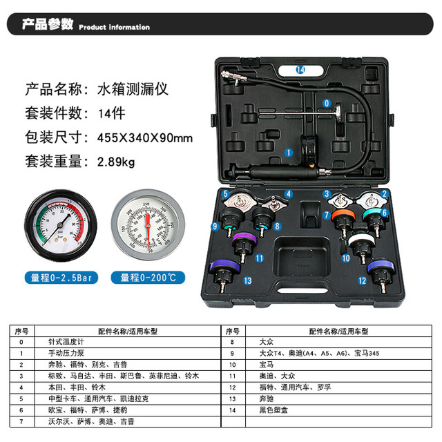 14-Piece Car Water Tank Leak Detector Water Tank Inflator Pressure Gauge Water Tank Detector Cooling System Pressure Relief Tool