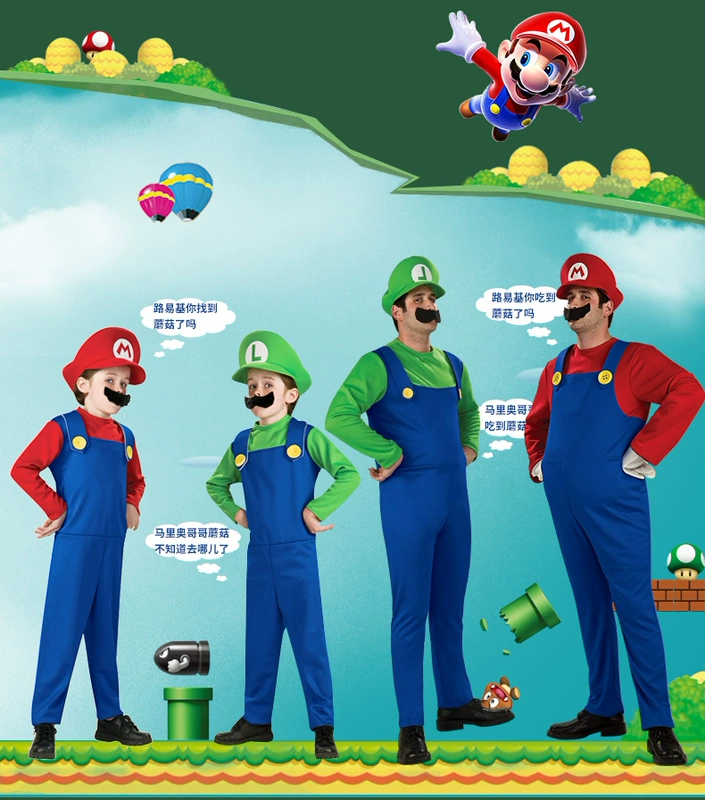 Trang phục Halloween trẻ em, quần áo Mario, cosplay, biểu diễn Super Mario dành cho người lớn, trang phục cha mẹ và con cái