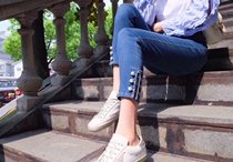 2021 Jeans Lady Spring Autumn Italian C Home 90% Pants Feet Open Slit Pearl Star Button Soft Play Cotton Shuttle