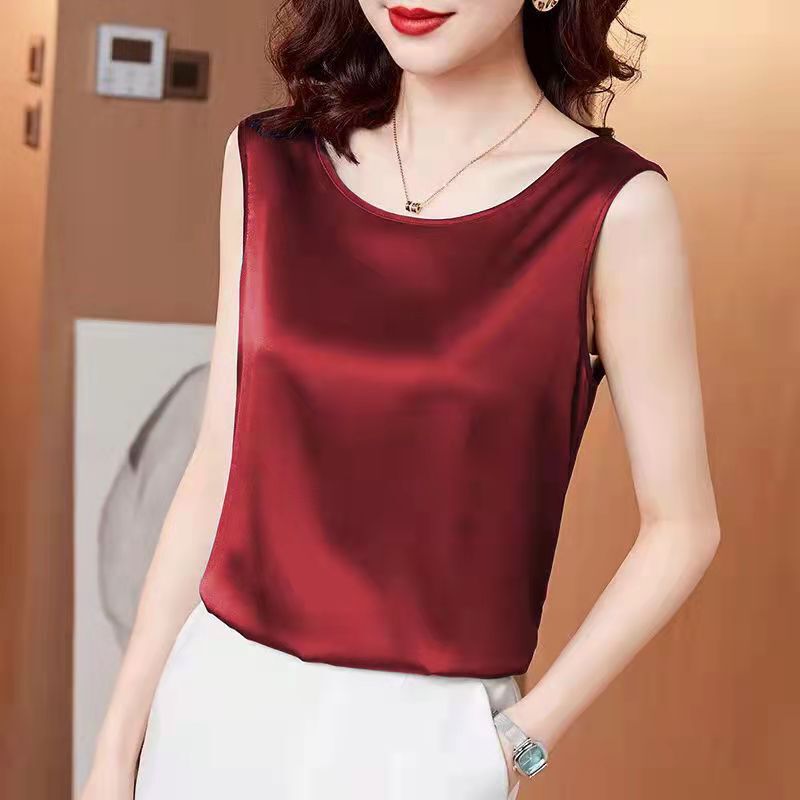 Black and White Versatile Summer Camisole for Women, Acetate Satin Outerwear, Sleeveless Top, Inner Layering Shirt