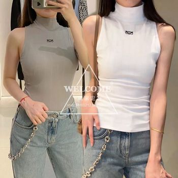 2025 Spring New Fashionable High-End Simple Basic Style High Elastic Slim Fit Half-High Collar Embroidered Vest