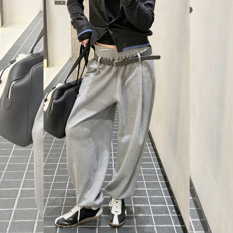 Gray Curved Hem Elastic Jogger Pants for Women, Autumn and Winter Korean Style, Relaxed High-Waisted, Drapey Loose Wide-Leg Sports Casual Pants Gray Curved Hem Elastic Jogger Pants for Women, Autumn and Winter Korean Style, Relaxed High-Waisted, Drapey Loose Wide-Leg Sports Casual Pants