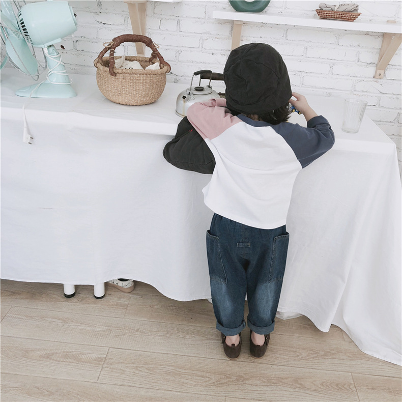 Giảm giá 20% khi không trở về Mùa thu nam và nữ tay áo dài dễ thương Áo sơ mi cotton bé mềm mại Áo phông màu tương phản raglan áo phông bé trai 1 tuổi