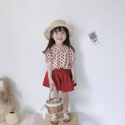Two-piece summer girl baby Korean fashion cotton linen polka dot shirt solid color Joker skirt suit