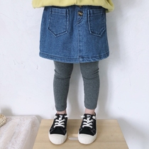 2022 Chunqiu South Korean girl baby foreign gas 100 lap fake two beat bottom pants elastic denim bottom skirt pants tide