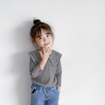 Bean Bag Monarch 21 Spring Fall Korean version Girls among girls 100 hitch retro streaks double collar pit strips of undershirt T-shirts