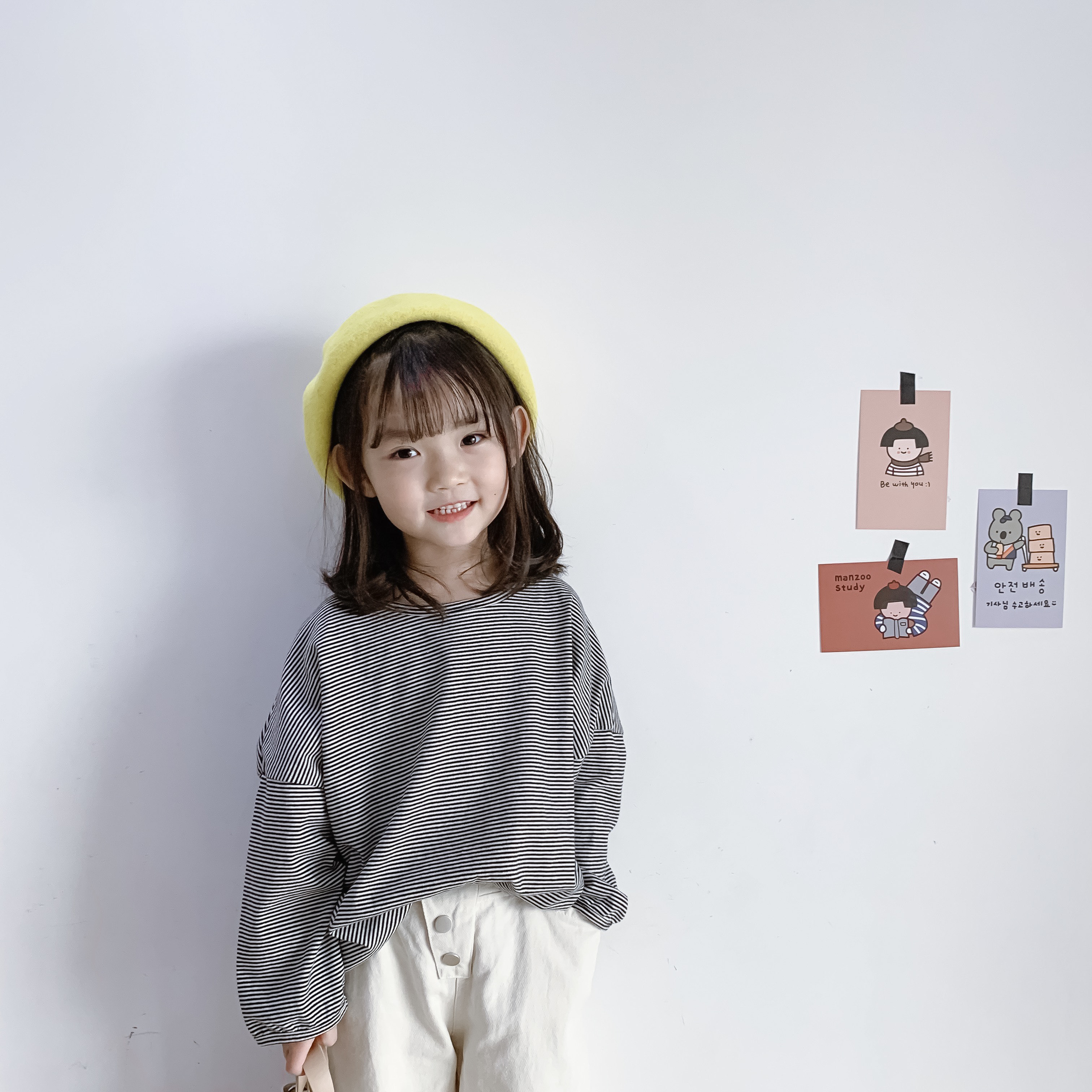 Bean Bag Monarch Spring Autumn male and female children Baby neutral 100 Lap Loose Retro Striped Casual Long Sleeve Inner lap T-shirt