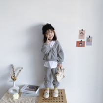 2 pieces of cover 2021 spring male and female child baby Han version neutral handsome gas grey sports casual sweatpants suit damp