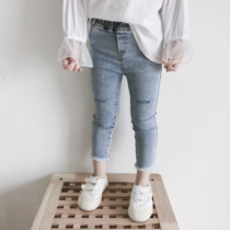 2022 Chunqiu girls Korean version of elastic fashion 100 hitch pencil pants baby to fix the hole jeans 9 Pants Tide