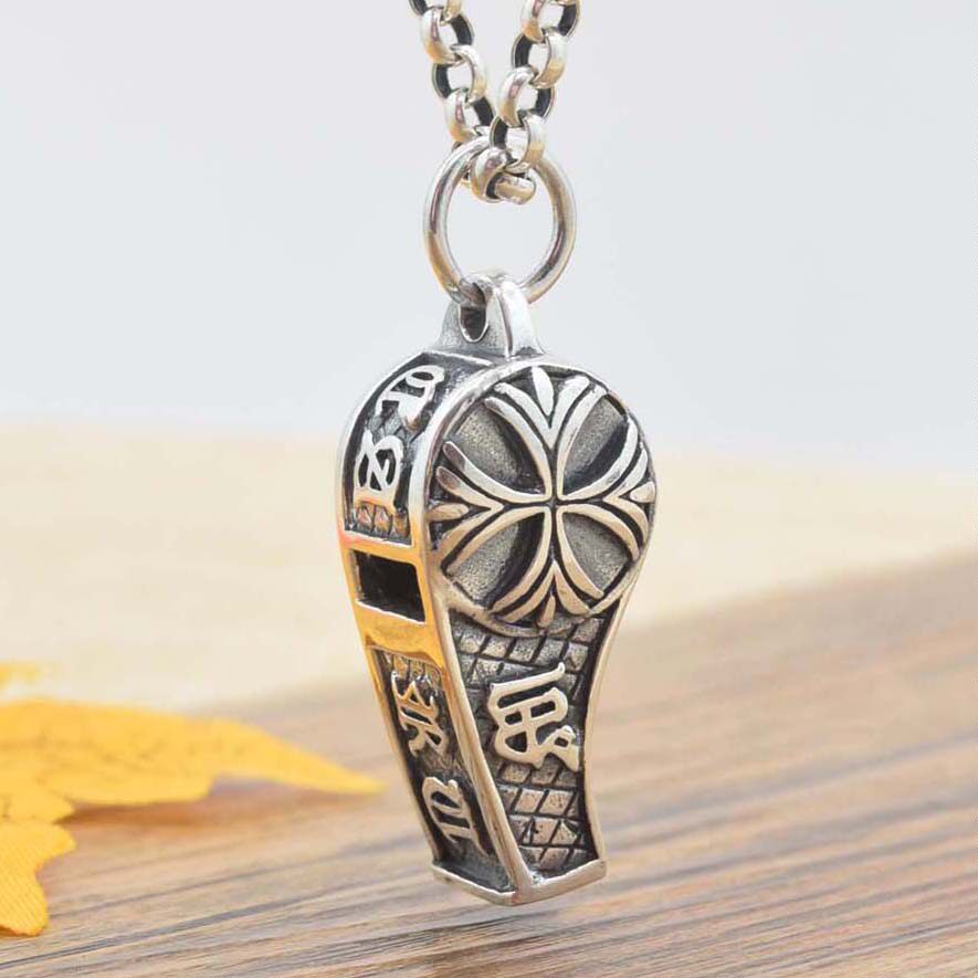 S925 pure silver mouth whistle necklace pendant can blow sentinel couple whistle Outdoor begging for sentinel retro Thai silver male pendant