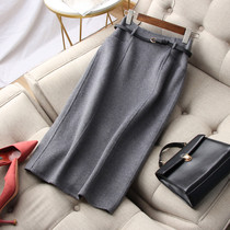 Elegant intellectual ~ small high running bag hip H-shaped rear split long double-sided woolen skirt belt women autumn and winter