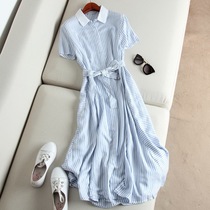 21 Summer Art and clear Bright Silk Striped Short Sleeve Jack Bag Tiansilk Ensemble Belt Casual Dress Mid-Length Girl