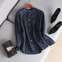 Lukewarm wind ~ minimalist casual art double door flap small round collar Long sleeves pure linen shirt loose blouses 21 autumn women
