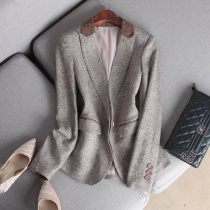 High-end commuter chic suede stitching color clip flower bright silk inlaid wool jacket female autumn summer New