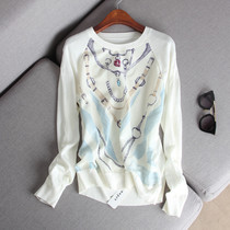 2022 autumn and summer New Wenjing elegant chain printed satin noodles splicing insert shoulder sleeves Knitted Sweatshirt headblouse Aimar