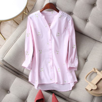 Meritocratic light Soak brief V collar fine embroidery small flower pure cotton 70% sleeves Thin Blouse Shirt Summer Summer