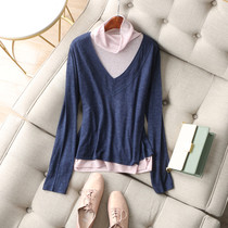 The trendy sense of the bones in the bones ~ fake two piles collars Coloured splicing loose cashmere sweaters undershirt fur coats autumn and winter women