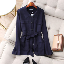 Elegant exemplary rate Temperament Polo Collar Overalls Bag Design Waist Band Knit Cardiovert Hooded Jacket Woman