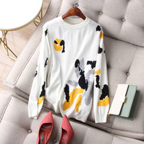 Fall New Pint Collision Color Solid and rugged graffiti jacquard loose wool long sleeve sweater hooded cardiovert blouse