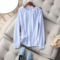 Summer base Good products clear and bright blue and white striped pleated small round neck long sleeves small loose cotton shirt blouses