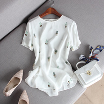 Comfort small potted floral printed round collar short sleeve mulberry silk sleeve head real silk casual blouse 2022 Summer loose t-shirt