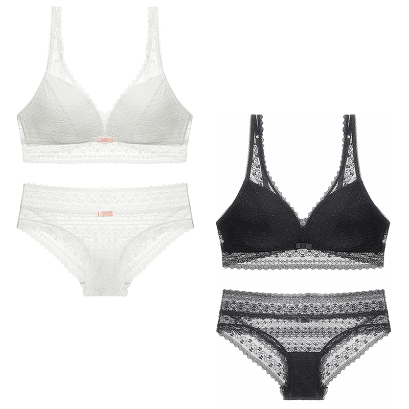 Out of Ouyuan D~ Simple and elegant pure white comfortable zero pressure bow lace women's no steel ring underwear set