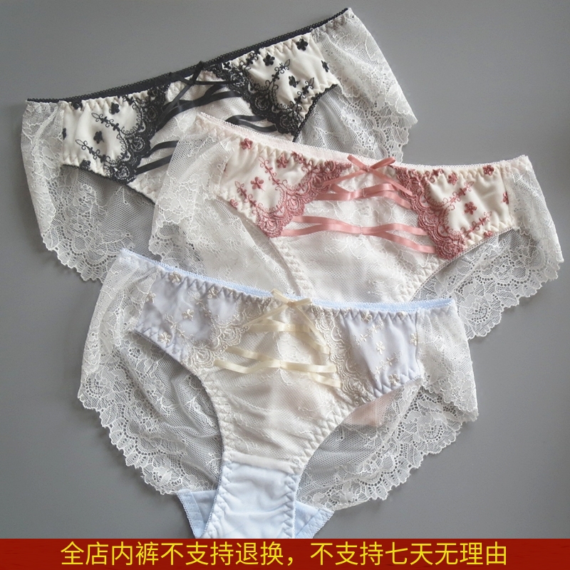 Japanese foreign trade full lace exquisite embroidery cross ribbon fresh flowers elegant girls mid-waist briefs