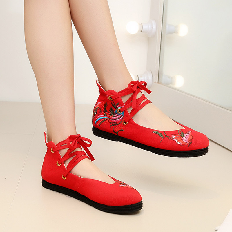 Fairy style Hanfu shoes retro style lace-up embroidered shoes single shoes old Beijing cloth shoes women's Melaleuca bottom traditional ethnic style