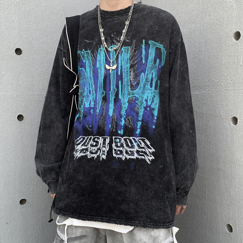 Shampoo wool side Guochao Long sleeves T-shirt Male Street Loose Tide Cards Autumn Clothing Hip Hop Trend Printed Undershirt Blouse 