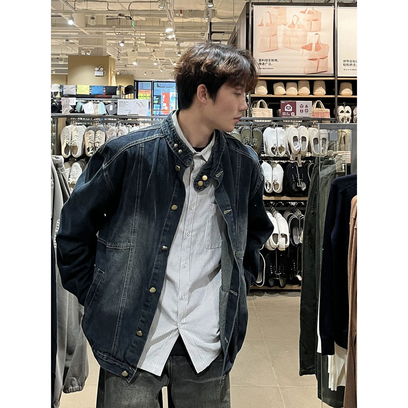 Spring and Autumn American Retro Distressed Stand-Up Collar Buttoned Denim Jacket for Men, Trendy Brand, Loose Fit, High-End, Cool and Handsome Jacket