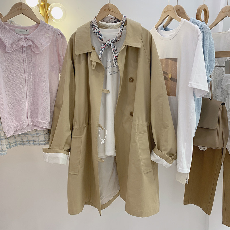 Lolora card with its colour medium long version of the windy woman spring new pure colour POLO collar straight drum minimalist jacket jacket