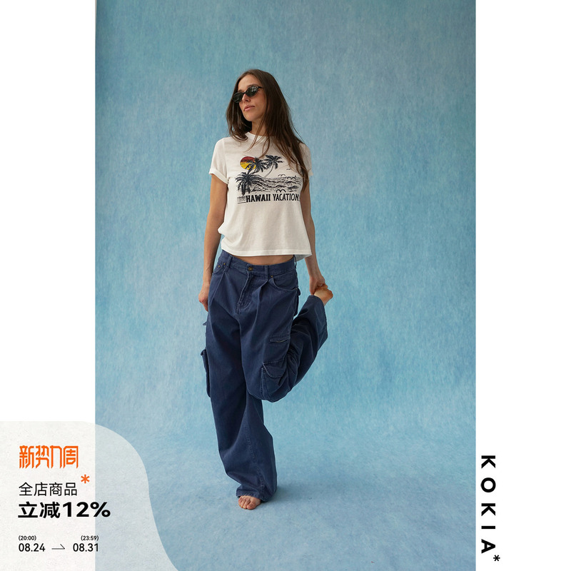 Kokia American-Style Yuppie Heavy-Duty Slub Denim Washed and Distressed Multi-Pocket Straight-Leg Cargo Pants Kokia American-Style Yuppie Heavy-Duty Slub Denim Washed and Distressed Multi-Pocket Straight-Leg Cargo Pants