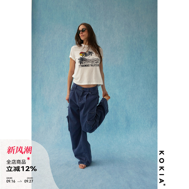 Kokia In-Stock American-Style Preppy Heavy-Duty Slub Denim Washed and Distressed Multi-Pocket Straight-Leg Cargo Pants Kokia In-Stock American-Style Preppy Heavy-Duty Slub Denim Washed and Distressed Multi-Pocket Straight-Leg Cargo Pants