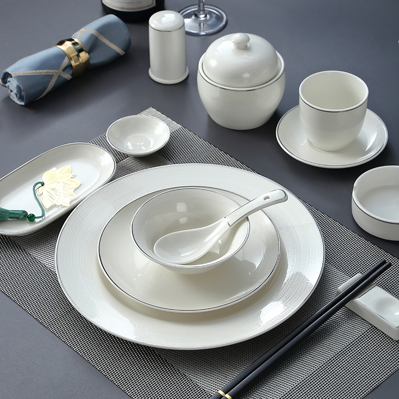 Embossed Pattern Simple Hotel Tableware Set Ceramic Company Hospitality Bowls and Plates for Restaurants and Clubs