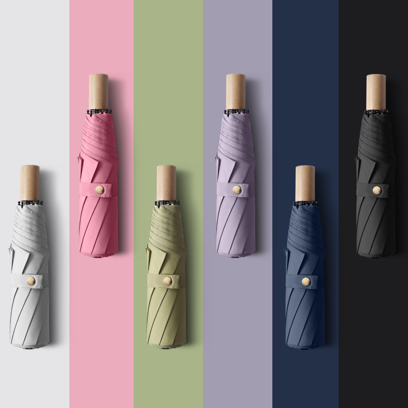 Folding black rubber sunscreen clear umbrella wood handle large number three-fold manual sunshade Advertisement umbrella Custom logo