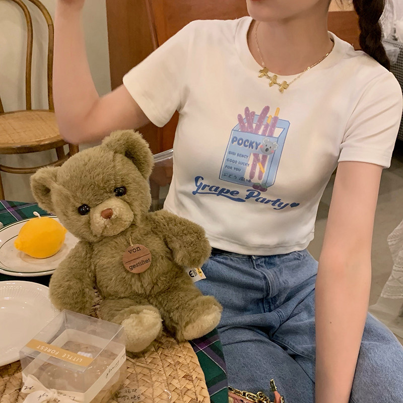 Bibi Bency white short sleeve t-shirt women's summer Japanese cute slim short printed Joker base shirt
