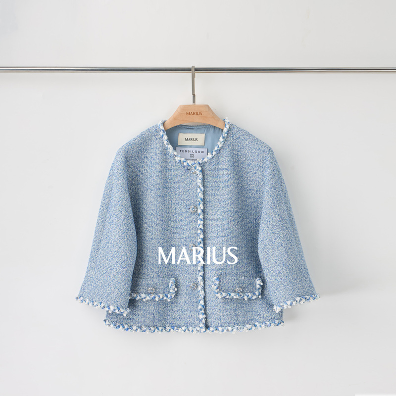 Marius |   Mediterranean Exquisite Tweed Luxurious Retro Chanel-Style Three-Quarter Sleeve Short Boxy Jacket