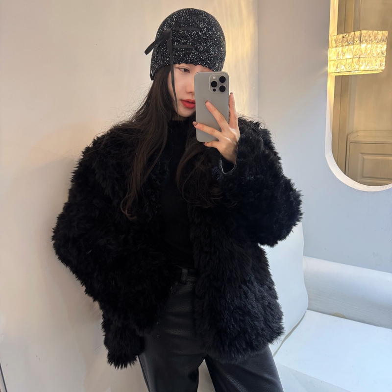 Korean Dongdaemun Black Fur Coat for Women, Stand Collar Teddy Bear Coat, Loose and Warm Fur Top