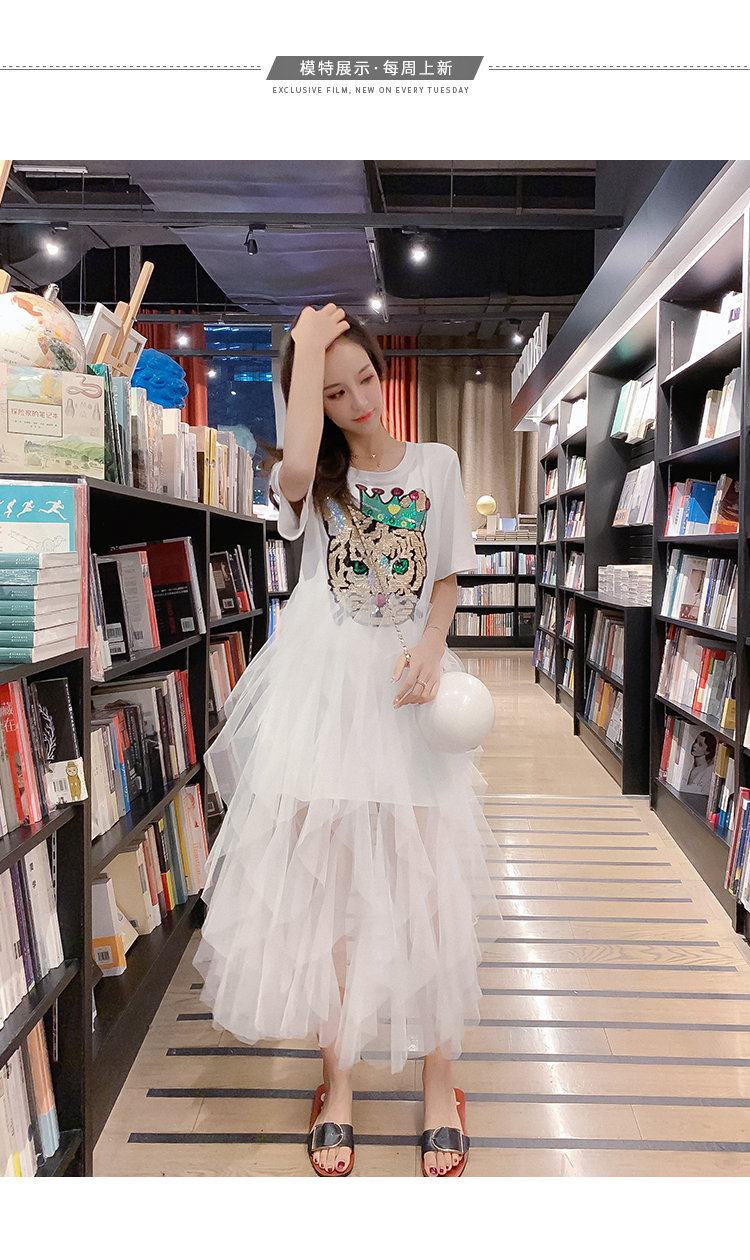 VK旗艦店 韓系學院風寬鬆亮片網紗短袖洋裝