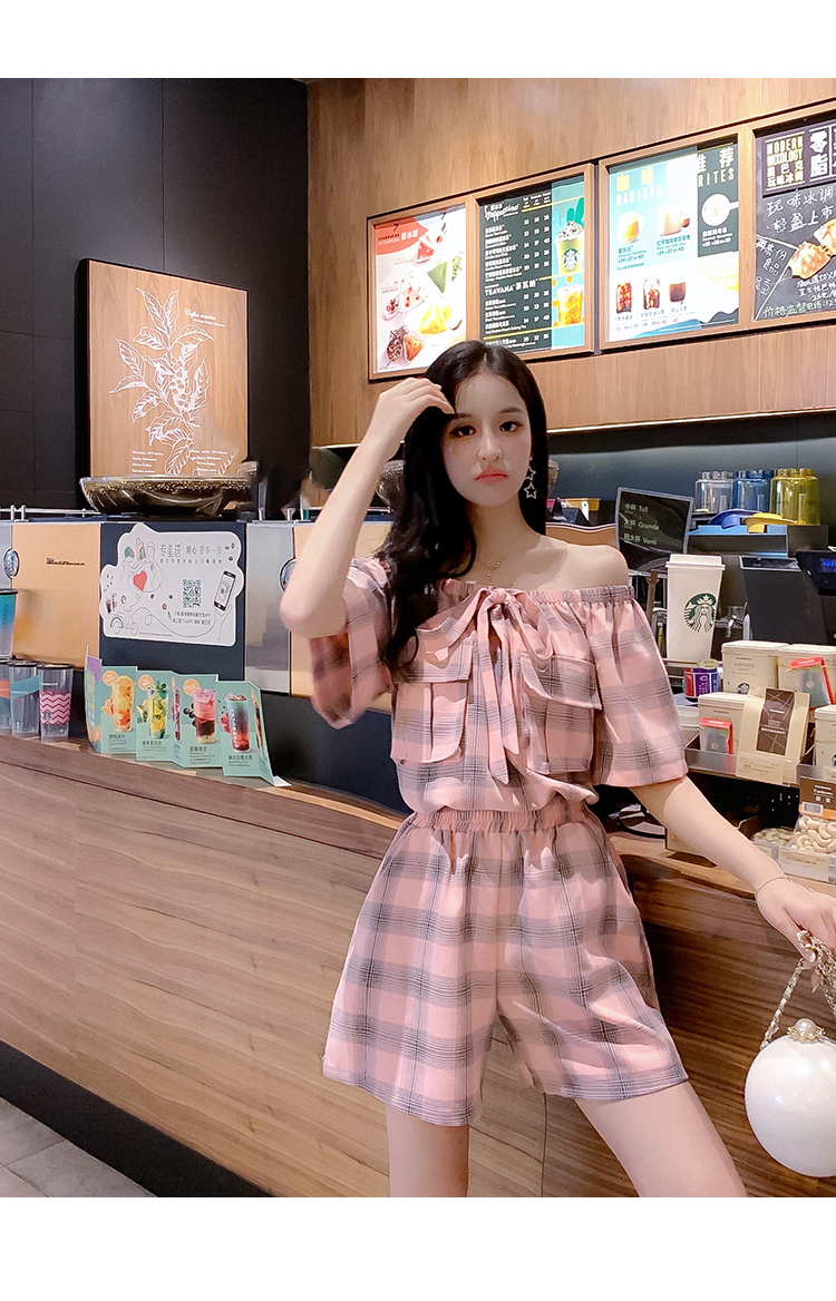 VK旗艦店 韓系格紋一字領短褲套裝短袖褲裝