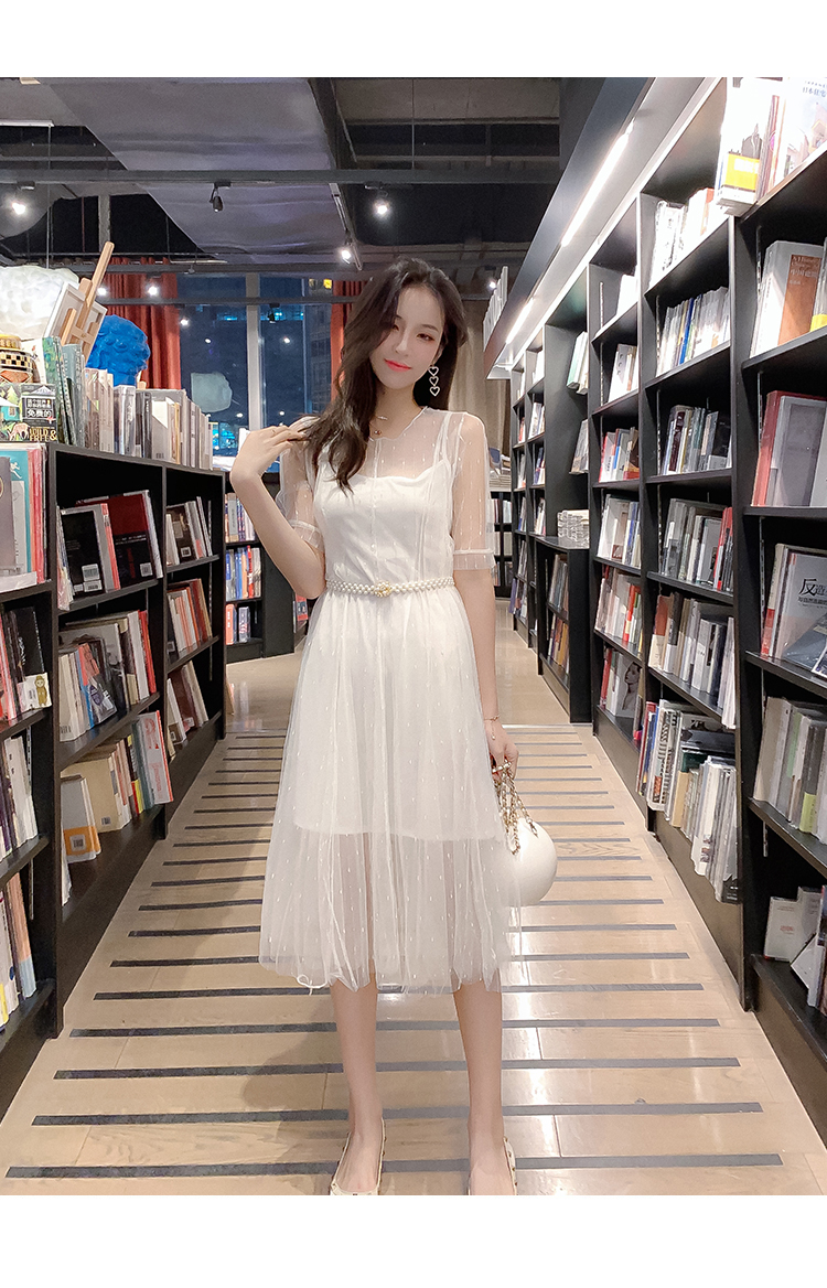 DABI 韓國風名媛淑女珍珠透視袖網紗套裝短袖裙裝 DABI 韓國風名媛淑女珍珠透視袖網紗套裝短袖裙裝