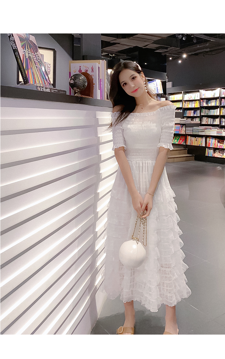 VK旗艦店 韓國風一字領淑女拼接蕾絲蛋糕裙短袖洋裝