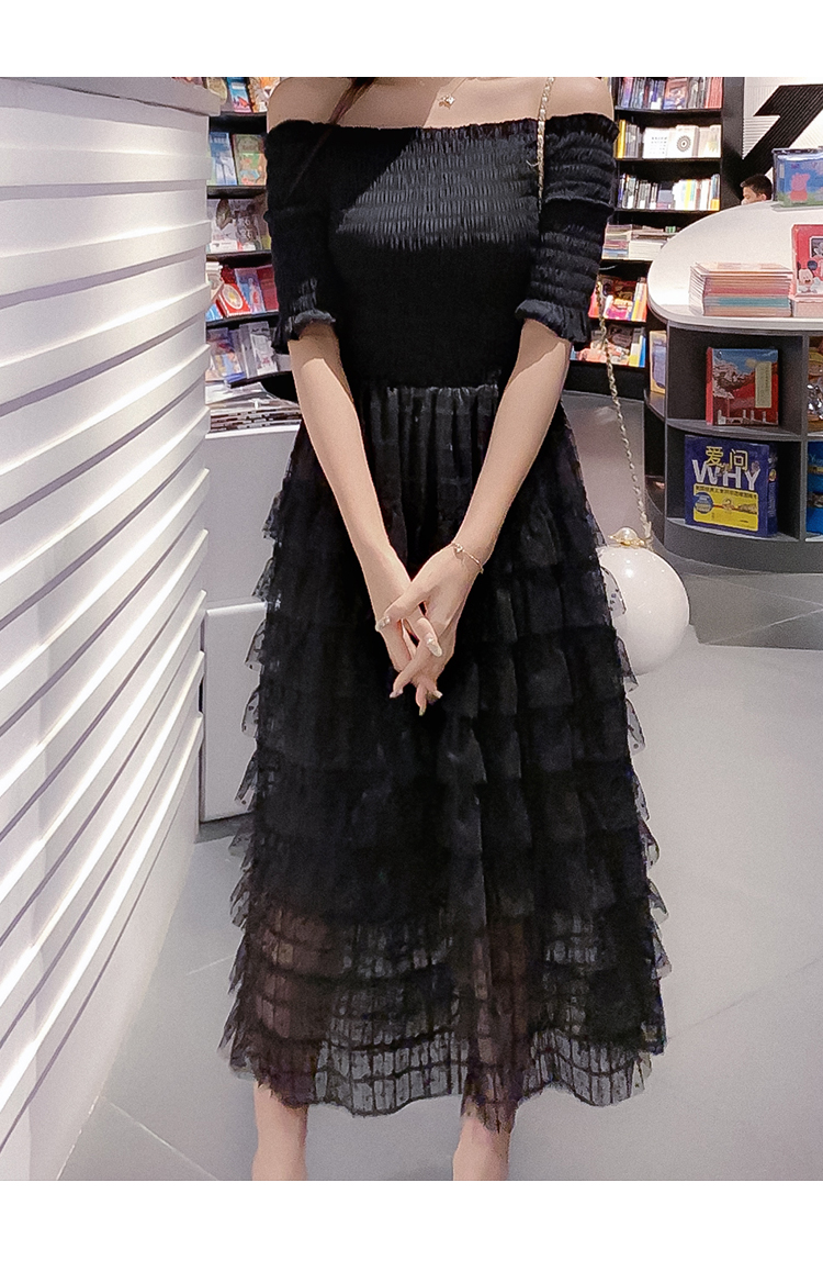 VK旗艦店 韓國風一字領淑女拼接蕾絲蛋糕裙短袖洋裝