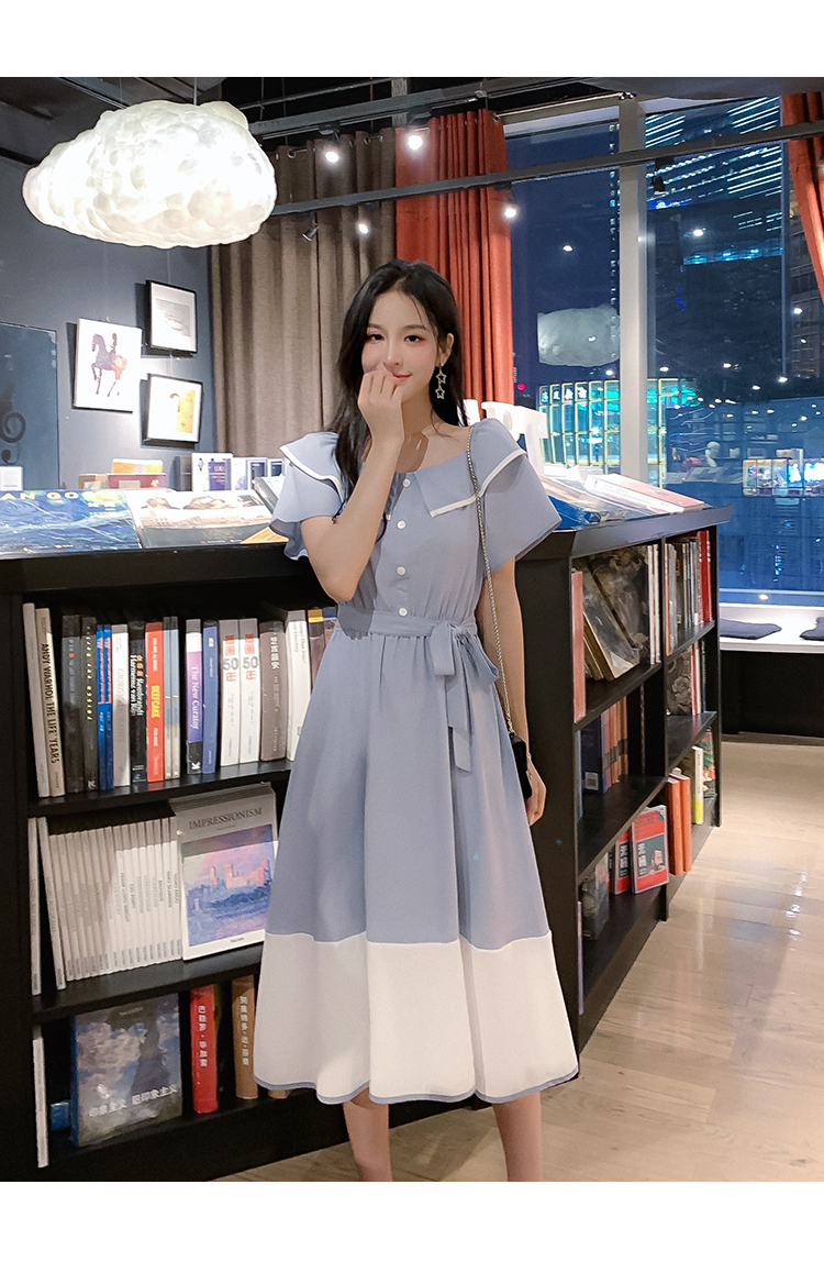 VK旗艦店 韓系撞色收腰顯瘦娃娃領淑女長版短袖洋裝