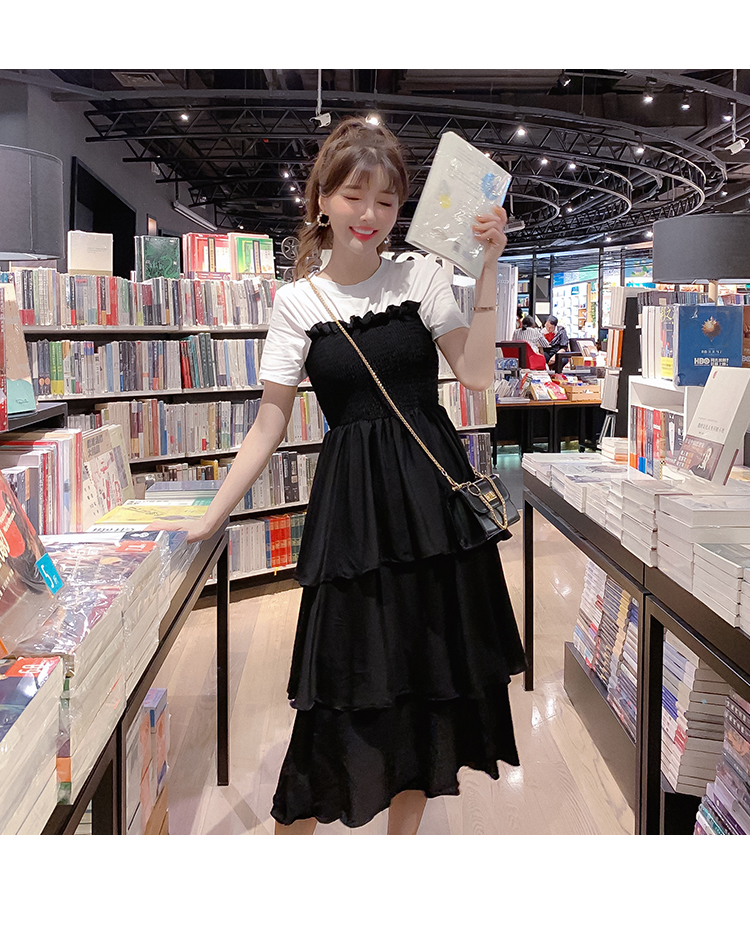 VK旗艦店 韓國學院風學生蛋糕裙休閒拼接短袖洋裝