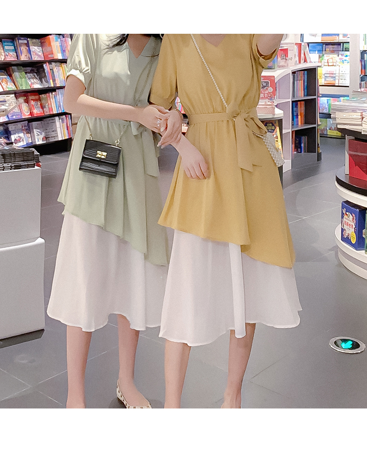 DABI 韓系V領綁帶收腰簡約撞色不規則短袖洋裝 DABI 韓系V領綁帶收腰簡約撞色不規則短袖洋裝