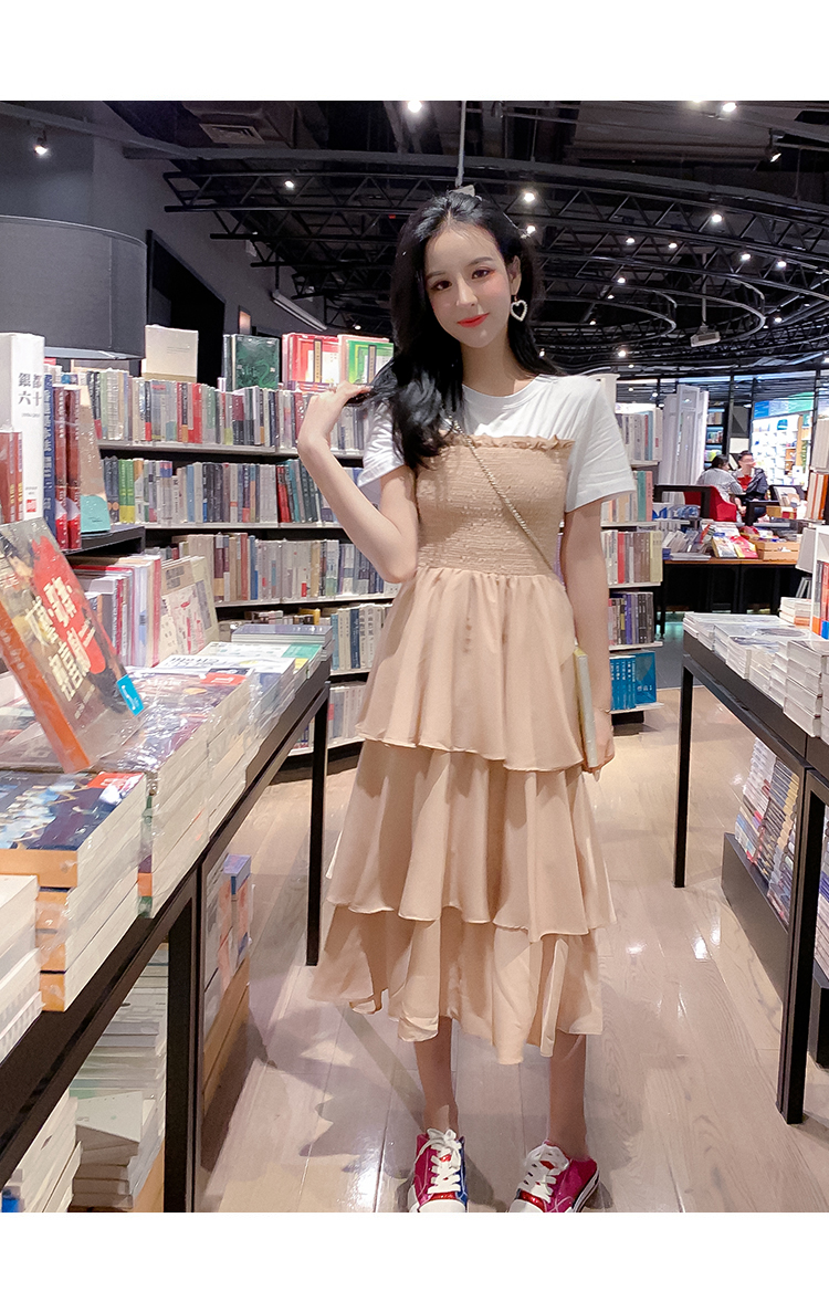 VK旗艦店 韓國學院風學生蛋糕裙休閒拼接短袖洋裝