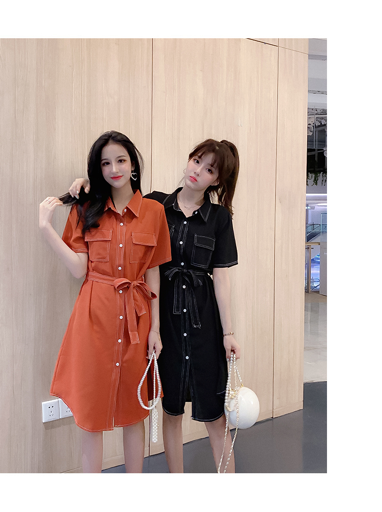 DABI 韓系POLO領綁帶收腰單排扣襯衫短袖洋裝 DABI 韓系POLO領綁帶收腰單排扣襯衫短袖洋裝